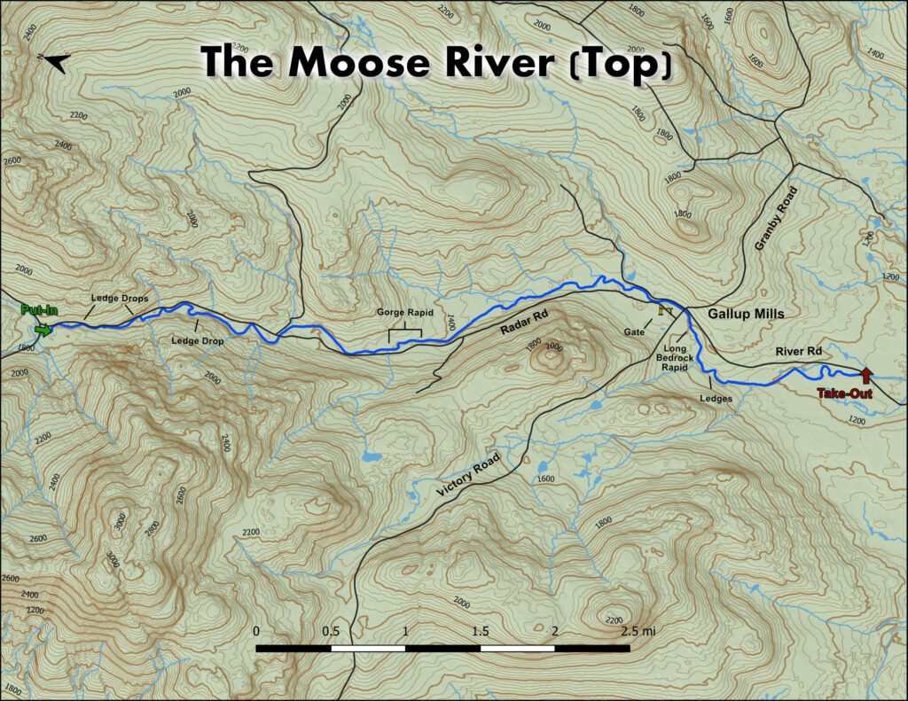 Map of the rapids of the Top Moose River above Victory Bog in Gallup Mills Vermont
